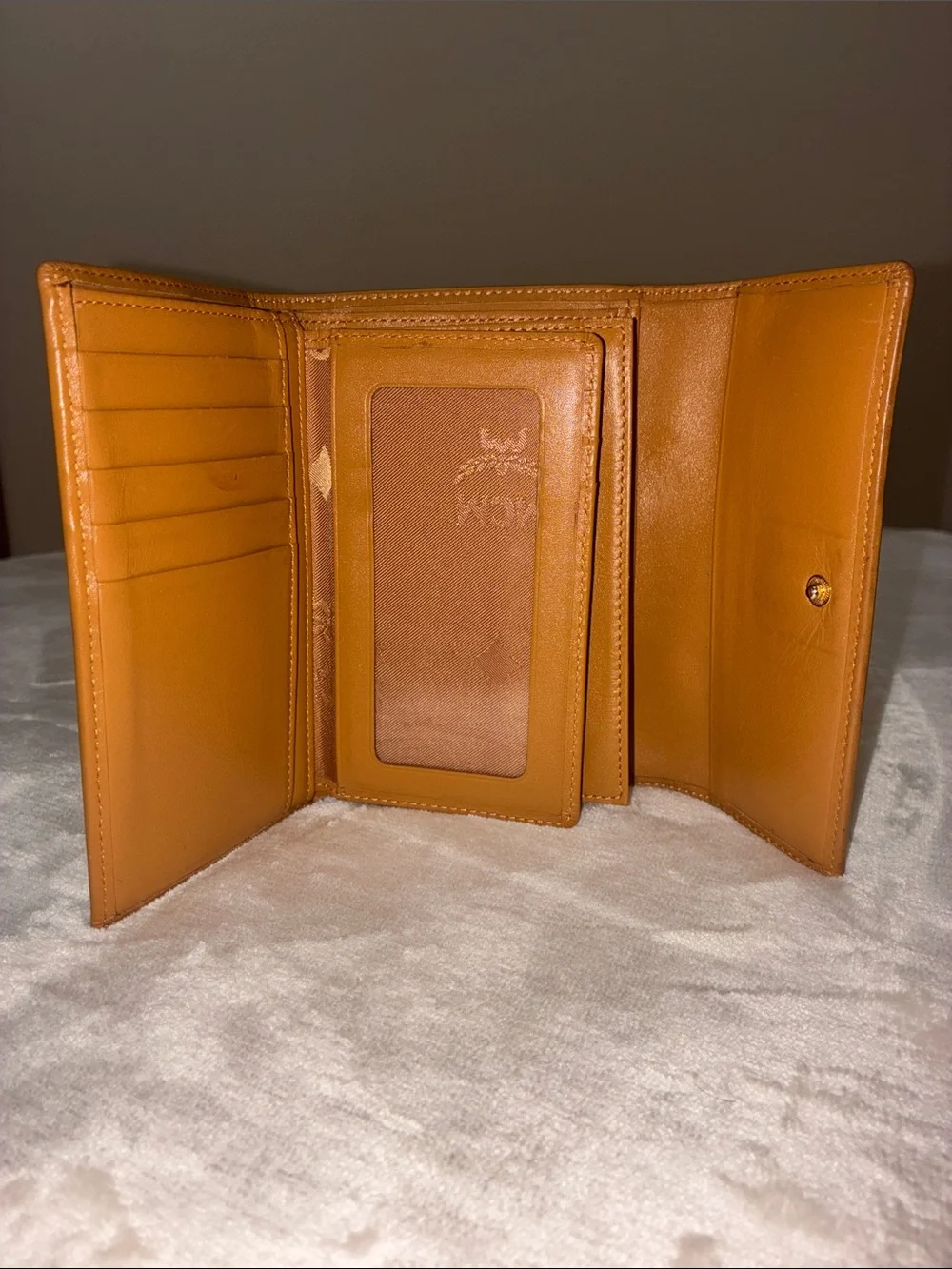 MCM Tan Cognac & Black Leather Visetos Trifold Wallet with Cream Stripe